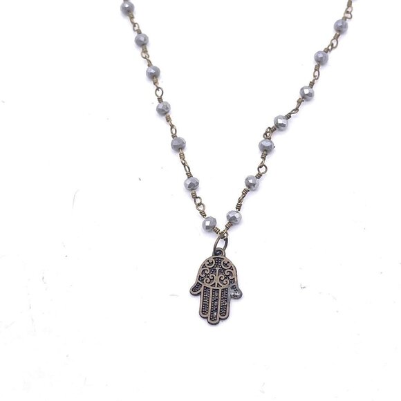 R&R Hamsa Hand Pendant Chain Necklace Gold Tone Beaded Lobster Closure - Picture 1 of 5